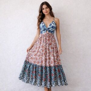 Angie Boho Patchwork Maxi Dress Smocked Waist Floral Tiered NWT Size Large